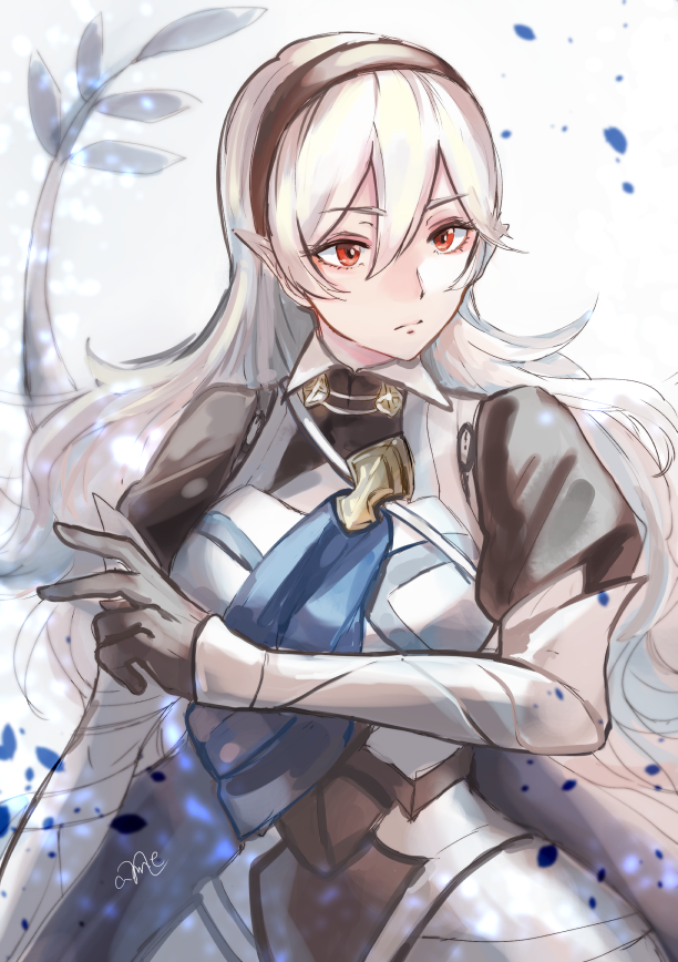 1girl armor armored_dress black_gloves black_hairband closed_mouth commentary dragon_tail eyebrows_visible_through_hair female_my_unit_(fire_emblem_if) fire_emblem fire_emblem_if gloves hair_between_eyes hairband long_hair looking_away mamkute my_unit_(fire_emblem_if) name_(kkkkki11159) nintendo open_eyes pointy_ears red_eyes signature silver_hair solo tail