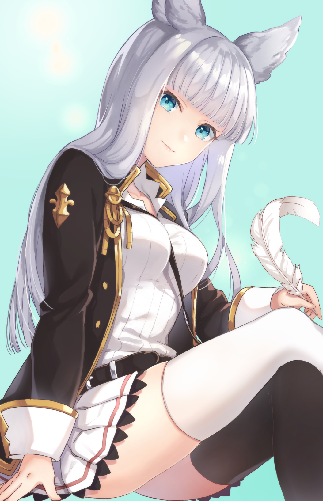 1girl animal_ears bangs belt between_breasts black_jacket black_legwear blue_background blue_eyes blunt_bangs breasts closed_mouth erune eyebrows_visible_through_hair feathers granblue_fantasy highres holding invisible_chair jacket kon_(k0n16) korwa legs_crossed long_hair long_sleeves looking_at_viewer medium_breasts miniskirt mismatched_legwear open_clothes open_jacket pleated_skirt shirt simple_background sitting skirt sleeve_cuffs smile solo straight_hair thigh-highs thighs white_hair white_legwear white_shirt white_skirt
