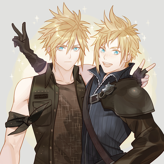 1boy 2boys blonde_hair blue_eyes buster_sword cloud_strife cosplay costume_switch final_fantasy final_fantasy_vii final_fantasy_xv fingerless_gloves ginmu gloves jacket looking_at_viewer male_focus multiple_boys prompto_argentum spiky_hair square_enix sword weapon