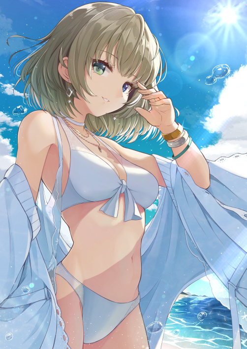 1girl bare_shoulders bikini blue_eyes blue_sky bracelet breasts brown_hair choker cleavage collarbone earrings green_eyes heterochromia idolmaster idolmaster_cinderella_girls jacket jewelry lens_flare looking_at_viewer medium_breasts migimaki_(migi_mawashi) mole mole_under_eye navel ocean off_shoulder open_clothes open_jacket short_hair sky smile sunlight swimsuit takagaki_kaede white_bikini white_jacket