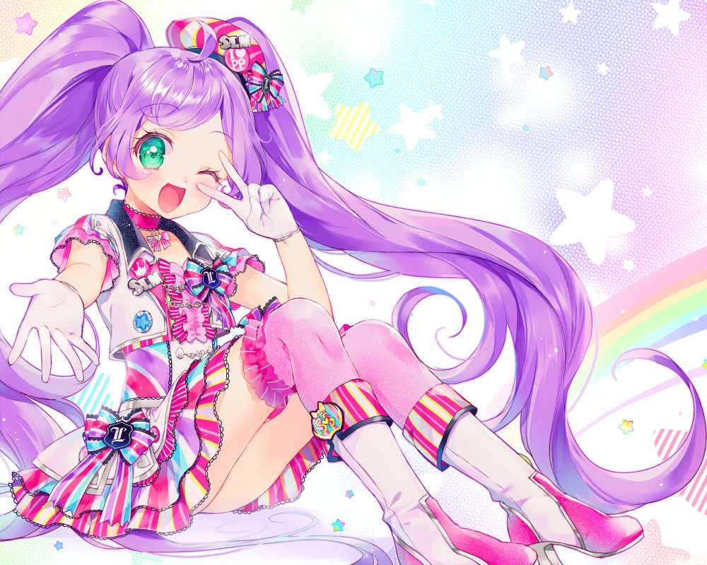 1girl ;d ahoge badge bangs blush boots bow button_badge choker frilled_bow frills gloves green_eyes hair_bow high_heel_boots high_heels jacket long_hair looking_at_viewer manaka_lala multicolored multicolored_bow multicolored_clothes multicolored_skirt one_eye_closed open_mouth outstretched_arm over-kneehighs pink_legwear pretty_(series) pripara purple_hair rainbow reaching_out short_sleeves sitting skirt smile solo star swept_bangs thigh-highs touyama_soboro twintails v very_long_hair white_gloves