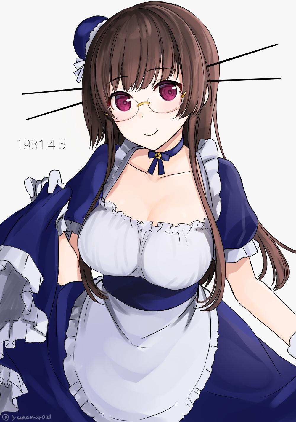 1girl alternate_costume apron breasts brown_hair choukai_(kantai_collection) dated dress eyebrows_visible_through_hair frills glasses gloves hair_ornament hat headgear highres kantai_collection large_breasts long_dress long_hair looking_at_viewer maid maid_apron mini_hat red_eyes rimless_eyewear solo white_gloves yunamaro