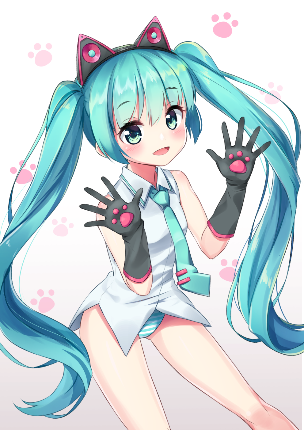 1girl animal_ears aqua_hair black_gloves blush cat_ears cowboy_shot elbow_gloves eyebrows_visible_through_hair gloves green_eyes hatsune_miku highres long_hair mk82_(hoonsyh) necktie no_pants open_mouth panties solo striped striped_panties twintails underwear very_long_hair vocaloid white_background