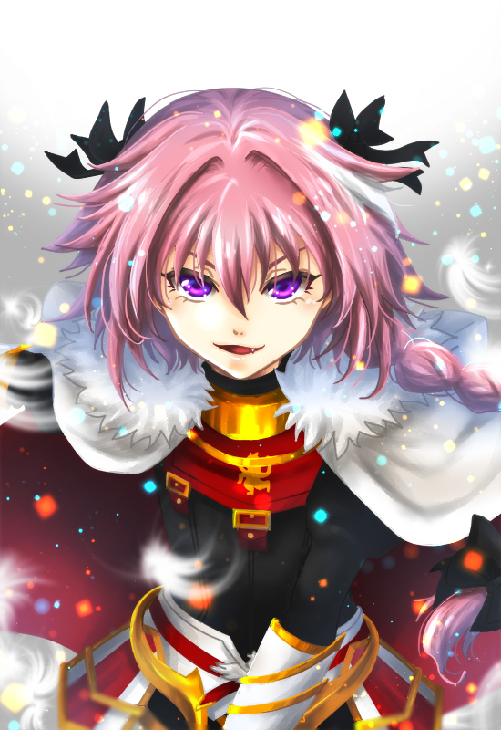 1boy :d androgynous astolfo_(fate) black_bow bow braid cape chi_wa elbow_gloves fang fate/apocrypha fate_(series) faulds fur-trimmed_cape fur_trim gloves hair_bow long_hair long_sleeves looking_at_viewer male_focus open_mouth pink_hair single_braid smile solo standing trap upper_body very_long_hair violet_eyes white_background white_cape white_gloves