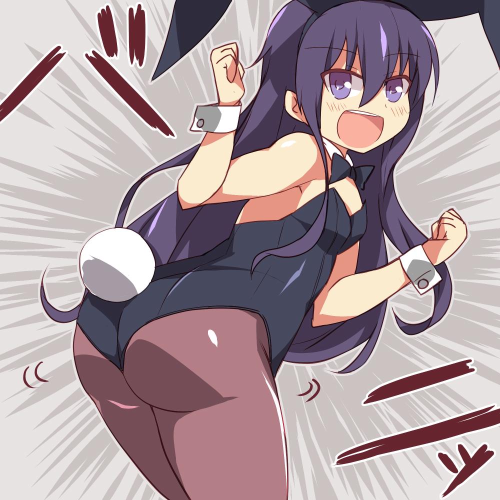 1girl akatsuki_(kantai_collection) alternate_costume animal_ears ass back bare_shoulders black_legwear black_leotard blush bow bowtie breasts bunny_tail bunnysuit covered_navel cowboy_shot detached_collar detached_sleeves fake_animal_ears grey_background hair_between_eyes kantai_collection leotard long_hair looking_at_viewer looking_back messy_hair open_mouth pantyhose purple_hair rabbit_ears screaming small_breasts solo strapless strapless_leotard tail violet_eyes wahiko_(black_bastard) wrist_cuffs