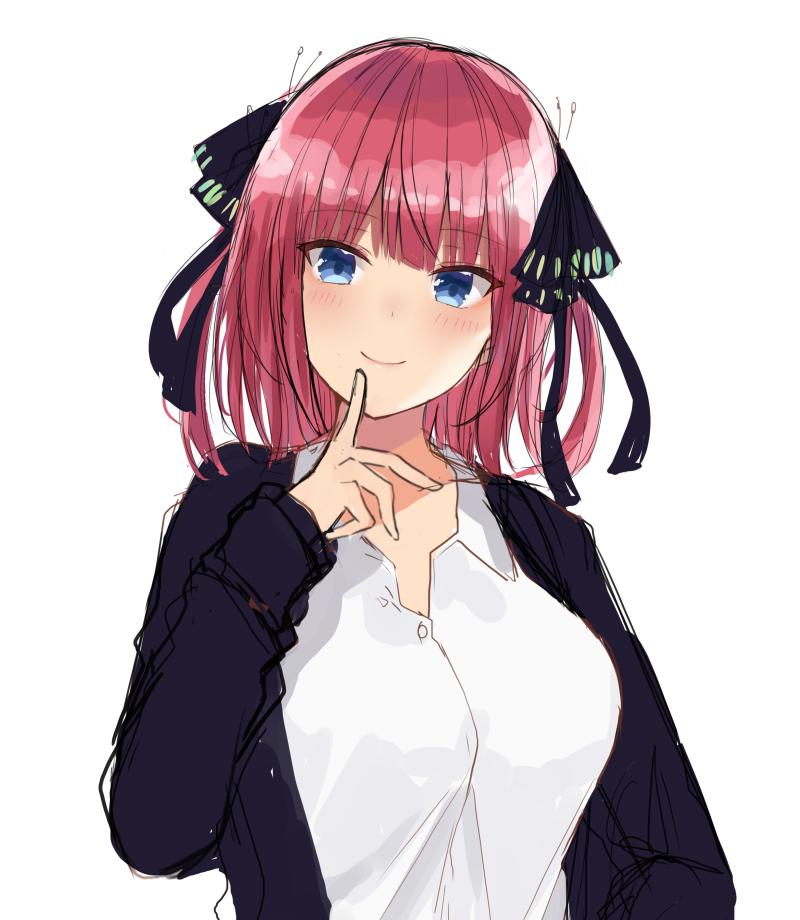 1girl bangs blue_eyes blush breasts closed_mouth coat eyebrows_visible_through_hair go-toubun_no_hanayome hair_ribbon long_hair long_sleeves looking_at_viewer nakano_nino noeru_(gt17854) pink_hair ribbon shirt solo white_shirt