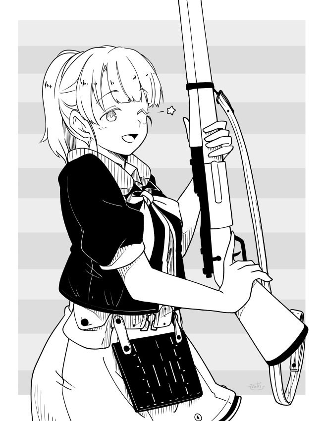 1girl apron commentary_request cowboy_shot flight_deck fujinoki_(horonabe-ken) greyscale gun intrepid_(kantai_collection) kantai_collection looking_at_viewer m1903_springfield monochrome neck_pillow neckerchief one_eye_closed ponytail rifle short_hair solo striped striped_background weapon