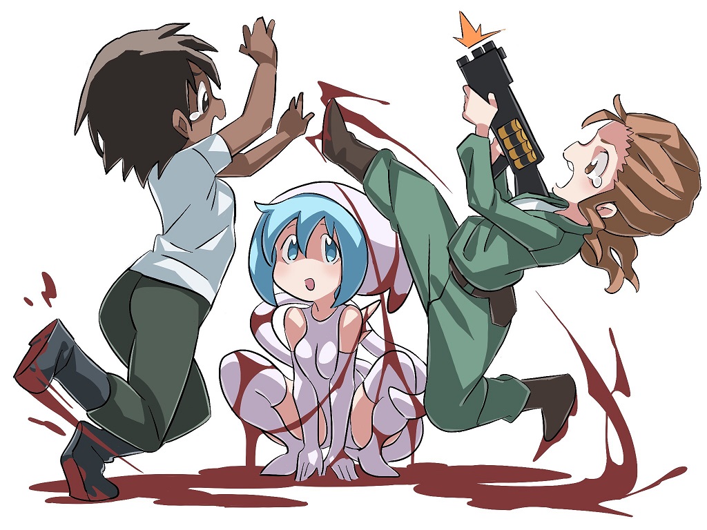 3girls alien alien:_covenant bad_end bird blood blue_eyes blue_hair boots brown_eyes brown_hair character_request commentary_request dark_skin ducking failure falling gun hong_hongcha jumpsuit misfire_(weapon) monster_girl multiple_girls neomorph parody personification ponytail running scared science_fiction shirt shotgun simple_background slipping sorry splashing splatter spoilers t-shirt tears weapon wet