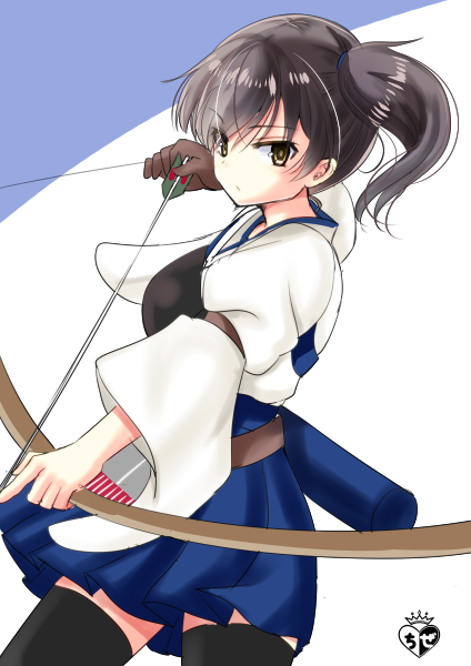 1girl arrow artist_logo black_hair black_legwear blue_hakama bow_(weapon) brown_eyes chize cowboy_shot hakama hakama_skirt japanese_clothes kaga_(kantai_collection) kantai_collection kimono long_hair muneate quiver side_ponytail solo tasuki thigh-highs two-tone_background weapon white_background white_kimono yumi_(bow)