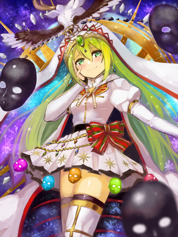 1girl alina_gray bangs blue_earrings blush bow breasts cape earrings edobox green_eyes green_hair hair_between_eyes hair_ornament hand_on_own_cheek hand_up hat jewelry long_hair long_sleeves looking_at_viewer magia_record:_mahou_shoujo_madoka_magica_gaiden mahou_shoujo_madoka_magica mask mask_removed puffy_long_sleeves puffy_sleeves rainbow_background red_bow shirt skirt small_breasts smile solo standing thigh-highs white_cape white_headwear white_shirt white_skirt wings