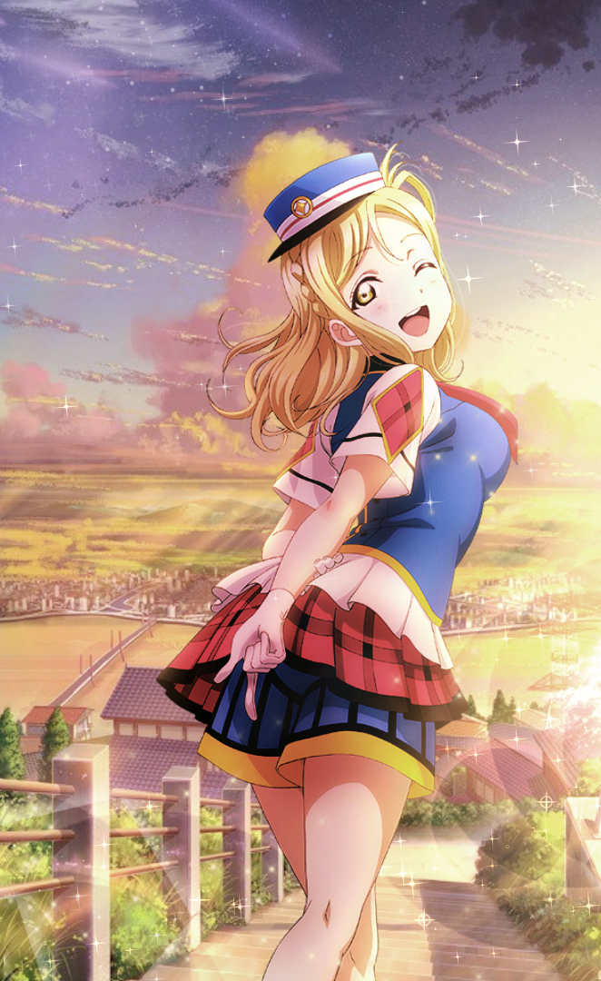 1girl ;d blonde_hair blue_headwear blue_shorts braid clouds crown_braid day gloves hat head_tilt index_finger_raised lens_flare long_hair looking_back love_live! love_live!_sunshine!! miniskirt ohara_mari one_eye_closed open_mouth outdoors peaked_cap pleated_skirt print_shirt red_skirt shirt short_shorts short_sleeves shorts shorts_under_skirt skirt sky smile solo stairs standing striped striped_shorts white_gloves white_shirt yellow_eyes