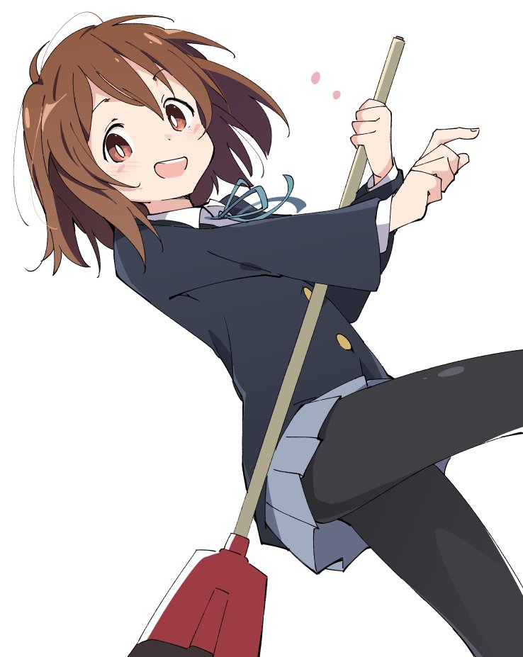 1girl black_legwear blue_jacket blue_skirt broom brown_eyes brown_hair commentary_request hirasawa_yui ixy jacket k-on! pantyhose pleated_skirt sakuragaoka_high_school_uniform school_uniform short_hair simple_background skirt smile solo unconventional_guitar upper_body white_background