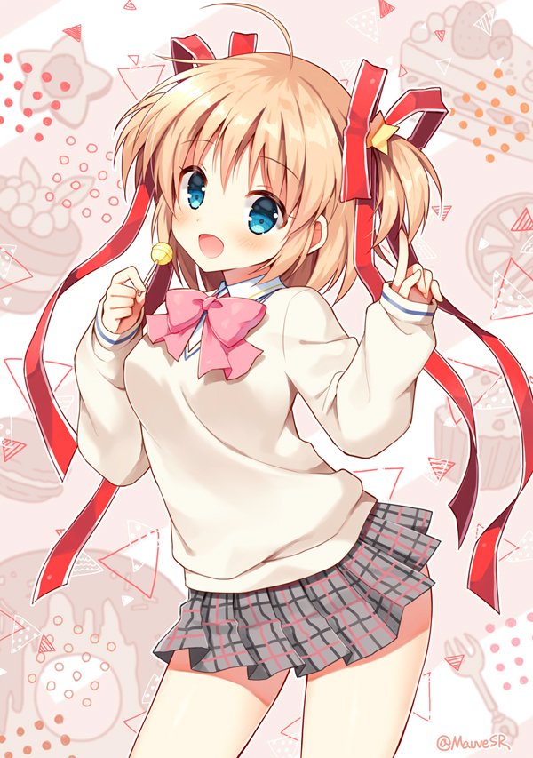 1girl :d ahoge bangs blue_eyes blush bow brown_sweater candy collared_shirt commentary_request cowboy_shot eyebrows_visible_through_hair food grey_skirt hair_between_eyes hair_ornament hair_ribbon hands_up holding holding_food holding_lollipop index_finger_raised kamikita_komari light_brown_hair little_busters!! lollipop long_hair long_sleeves looking_at_viewer mauve open_mouth pink_bow pleated_skirt red_ribbon ribbon shirt skirt sleeves_past_wrists smile solo star star_hair_ornament sweater twitter_username two_side_up white_shirt