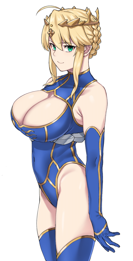 1girl ahoge aqua_eyes artoria_pendragon_(all) artoria_pendragon_(lancer) bangs bare_shoulders blue_gloves blue_legwear braid breasts cleavage cleavage_cutout crown elbow_gloves fate/grand_order fate_(series) gloves large_breasts leotard looking_at_viewer michihasu simple_background smile solo thigh-highs white_background
