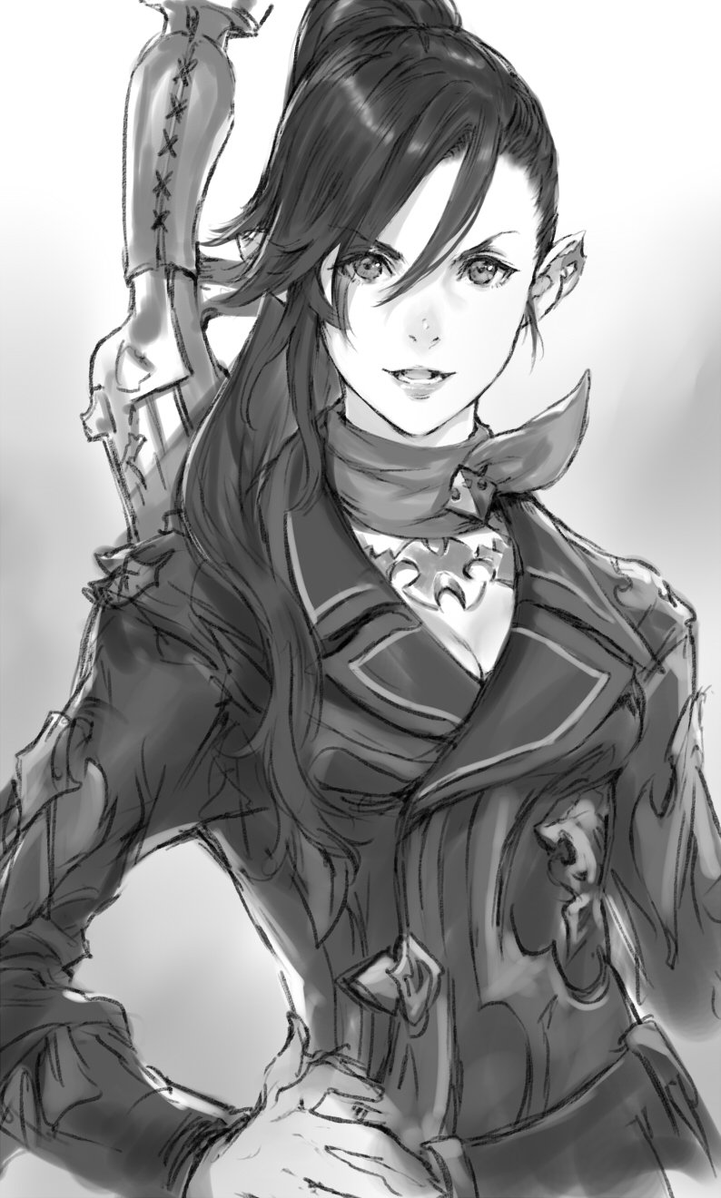 1girl earrings elezen elf final_fantasy final_fantasy_xiv gun hair_between_eyes hand_on_hip highres hilda_(ff14) hybrid hyur jacket jewelry leather leather_jacket looking_at_viewer machinist_(final_fantasy) makimura_shunsuke monochrome open_mouth pointy_ears ponytail rifle scarf simple_background smile solo teeth weapon