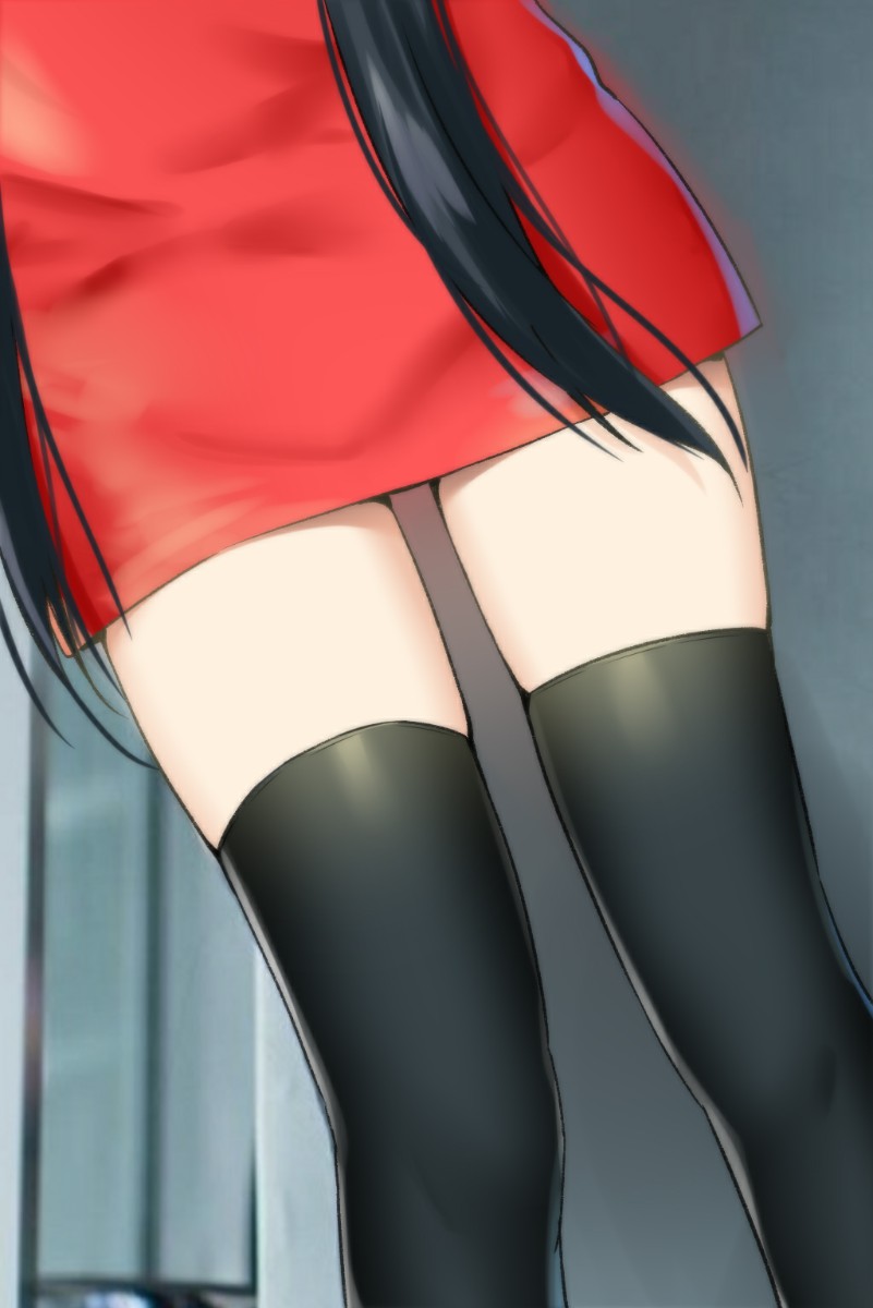 1girl black_hair black_legwear blurry blurry_background close-up depth_of_field dress dutch_angle highres long_hair lower_body original red_dress short_dress skindentation sky_(freedom) solo thigh-highs thighs very_long_hair