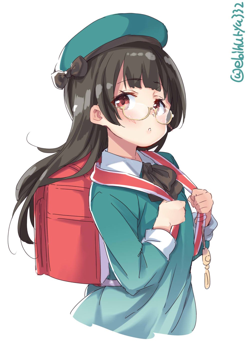 1girl alternate_costume backpack bag bangs black_hair black_neckwear blunt_bangs blush choukai_(kantai_collection) collared_dress commentary_request dress ebifurya eyebrows_visible_through_hair glasses green_dress hair_between_eyes hat highres holding kantai_collection long_hair long_sleeves looking_at_viewer open_mouth randoseru red_eyes school_uniform simple_background solo twitter_username upper_body white_background younger