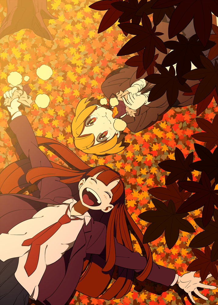 2girls autumn autumn_leaves bangs blonde_hair blunt_bangs brown_hair closed_eyes collared_shirt eating food jacket leaf long_hair looking_at_viewer lying multiple_girls necktie nobile1031 on_back open_mouth original red_eyes red_neckwear shirt short_hair smile tree white_shirt