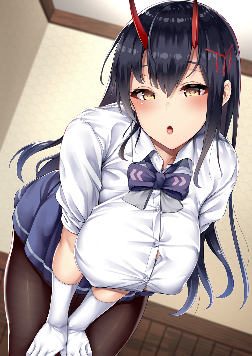 1girl 3104_(3104milkshake) azur_lane bangs black_hair black_legwear blue_skirt blush bow bowtie breasts button_gap collared_shirt eyebrows_visible_through_hair gloves hair_between_eyes hair_ornament hands_on_own_thighs highres horns indoors large_breasts leaning_forward long_hair looking_at_viewer oni_horns open_mouth pantyhose pleated_skirt purple_neckwear ribbon school_uniform shirt sidelocks skirt solo suzuya_(azur_lane) taut_clothes taut_shirt white_gloves white_shirt yellow_eyes