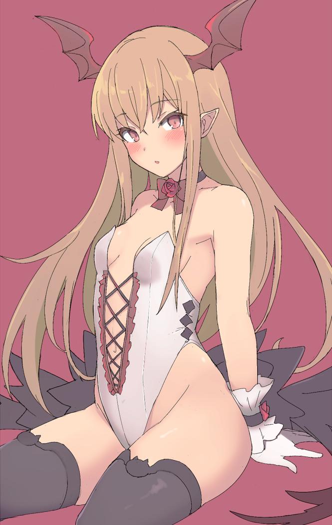 1girl :o bangs bare_shoulders black_legwear blonde_hair blush bow bowtie breasts center_opening commentary cross-laced_clothes demon_girl eyebrows_visible_through_hair flower frills gloves head_wings highleg highleg_leotard leotard long_hair looking_at_viewer mobu navel parted_lips pink_eyes pointy_ears red_bow red_flower red_neckwear red_rose red_wings rose shingeki_no_bahamut sidelocks small_breasts solo strapless strapless_leotard thigh-highs vampy very_long_hair white_gloves white_leotard wings