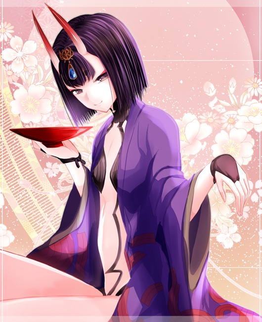 1girl bangs bridal_gauntlets brown_eyes choker cimeri cup fate/grand_order fate_(series) flat_chest floral_background holding holding_cup horns japanese_clothes kimono looking_at_viewer open_clothes open_kimono purple_hair purple_kimono sakazuki short_hair shuten_douji_(fate/grand_order) sitting smile solo