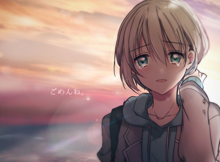 1girl aoba_moca aqua_eyes bang_dream! bangs clouds cloudy_sky drawstring eyebrows_visible_through_hair grey_hair hair_between_eyes hand_up hood hood_down hooded_sweater jacket light_smile looking_at_viewer mizukikushou open_clothes open_jacket open_mouth short_hair sky solo sunset sweater tearing_up upper_body