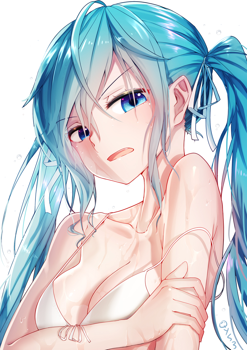 1girl ahoge bai_yemeng bare_shoulders bikini bikini_top blue_eyes blush breasts cleavage collarbone commentary_request hair_ribbon hand_on_own_arm hatsune_miku long_hair looking_at_viewer medium_breasts open_mouth ribbon signature simple_background solo strap_gap strap_slip swimsuit twintails upper_body vocaloid water_drop wet white_background white_bikini white_ribbon