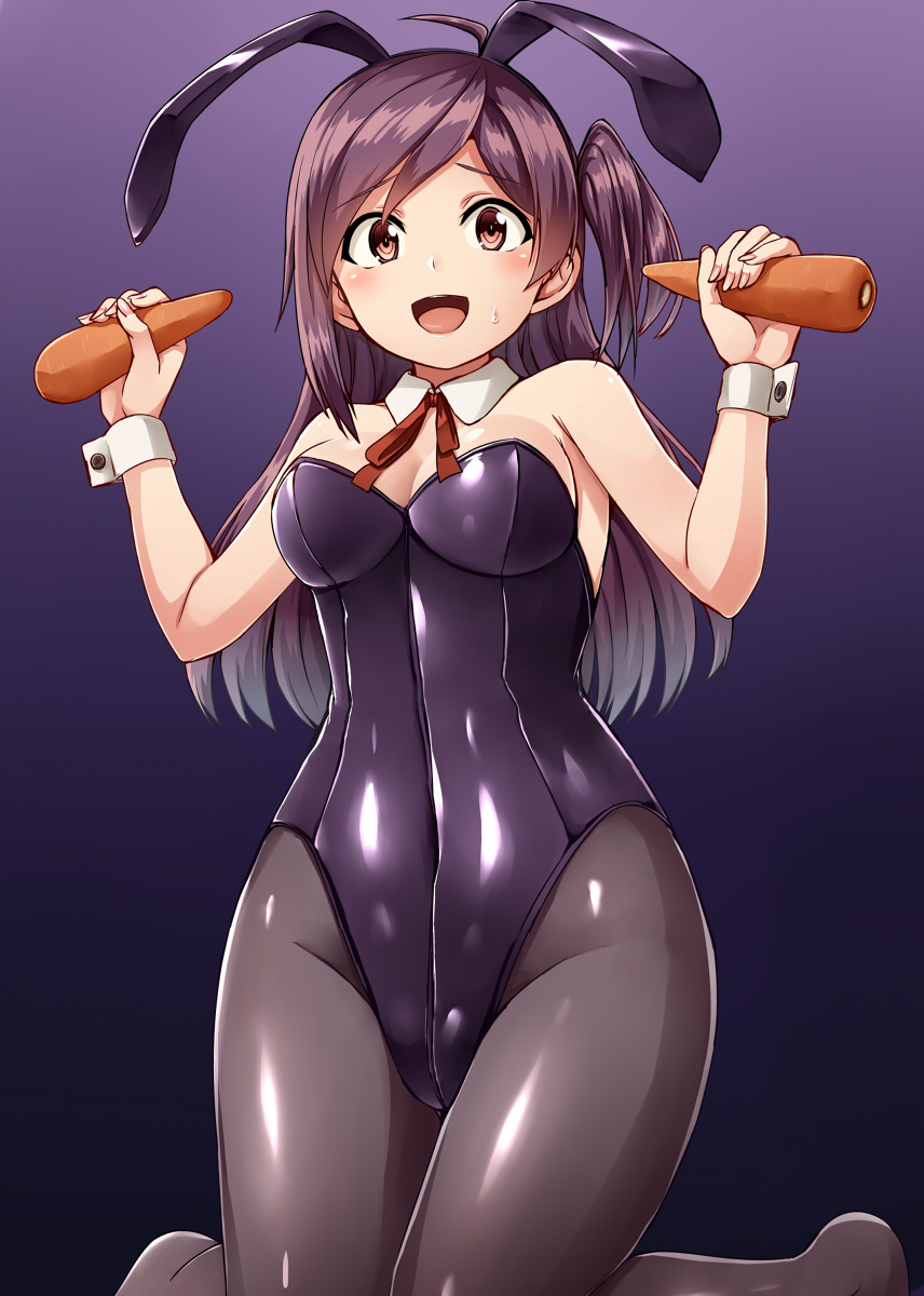 1girl :d ahoge alternate_costume animal_ears black_legwear black_leotard blush breasts brown_eyes carrot detached_collar fake_animal_ears food gradient gradient_background hagikaze_(kantai_collection) highres holding holding_food kamelie kantai_collection leotard long_hair medium_breasts one_side_up open_mouth pantyhose purple_hair rabbit_ears red_ribbon ribbon smile solo wrist_cuffs