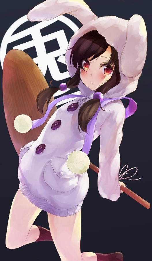 1girl animal_hood bangs black_footwear blush brown_hair bunny_hood buttons closed_mouth commentary_request hammer holding holding_hammer hood hoodie kneehighs kneeling long_sleeves looking_at_viewer low_twintails original pocket pom_pom_(clothes) purple_legwear ratsuku_kinoko red_eyes ribbon solo swept_bangs tareme twintails white_ribbon