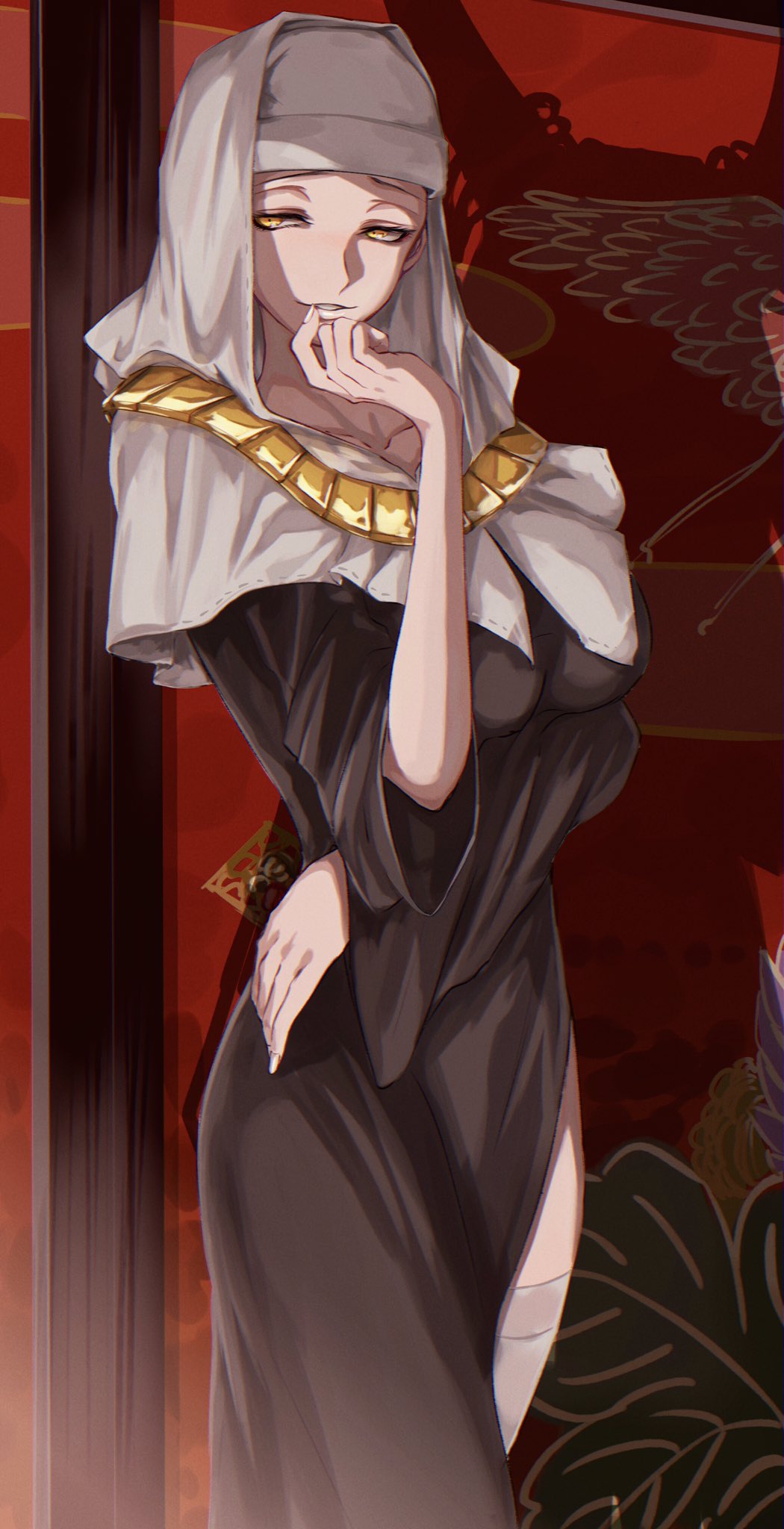 breasts fate/grand_order fate_(series) hallway hand_on_hip hand_on_own_chin highres large_breasts nun open_mouth sesshouin_kiara shadow standing thighs yellow_eyes