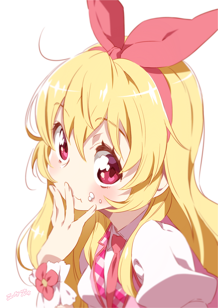 1girl aikatsu! aikatsu!_(series) bangs blonde_hair blush closed_mouth collared_shirt commentary_request eyebrows_visible_through_hair fingernails food food_on_face hair_between_eyes hair_ribbon hairband hand_to_own_mouth hand_up hoshimiya_ichigo jacket long_hair necktie puffy_short_sleeves puffy_sleeves red_eyes red_hairband red_neckwear red_ribbon revision ribbon shirt short_sleeves simple_background solo upper_body white_background white_jacket white_shirt wrist_cuffs yuuzii