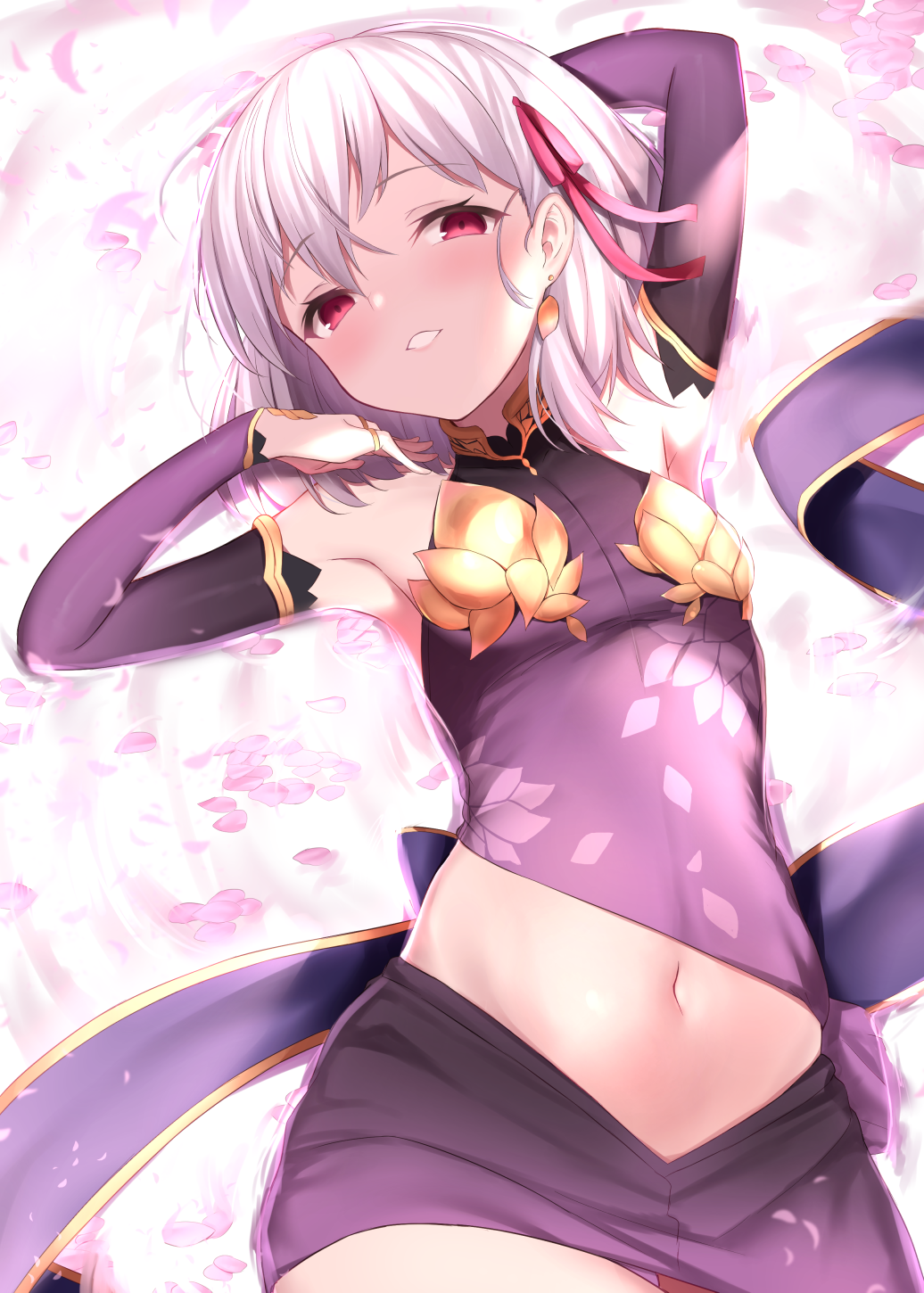 1girl armpits arms_up bangs bare_shoulders blush breasts detached_sleeves earrings fate/grand_order fate_(series) hair_ribbon highres hip_focus jewelry kama_(fate/grand_order) looking_at_viewer lying maosame navel on_back parted_lips petals purple_skirt red_eyes ribbon ring short_hair silver_hair skirt small_breasts smile solo