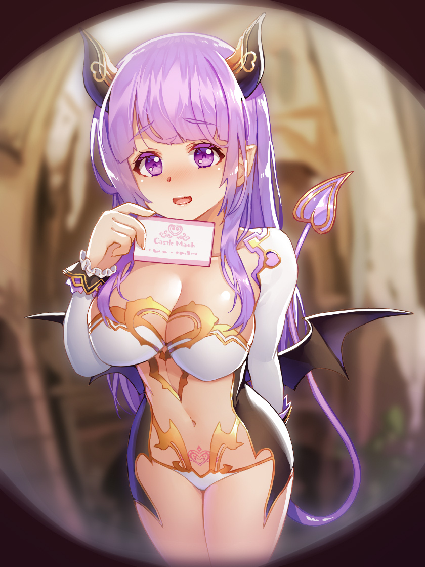 1girl bangs bat_wings blush breasts business_card cleavage collarbone commentary_request demon_girl demon_tail eyebrows_visible_through_hair frilled_sleeves frills horns kibanda_gohan large_breasts locker long_hair long_sleeves looking_at_viewer navel open_mouth original pointy_ears pubic_tattoo purple_hair revealing_clothes solo standing succubus tail tattoo violet_eyes wings