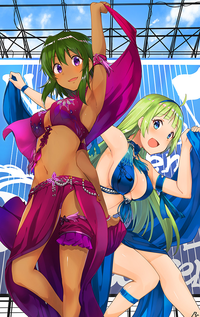 2girls ahoge blonde_hair blue_eyes blue_hairband blush breasts cleavage commentary_request dark_skin eyebrows_visible_through_hair feet_out_of_frame from_below green_hair hair_between_eyes hair_ornament hairband idolmaster idolmaster_cinderella_girls idolmaster_million_live! idolmaster_million_live!_theater_days looking_at_viewer multiple_girls natalia_(idolmaster) open_mouth outdoors revealing_clothes shimabara_elena skirt smile yanngoto