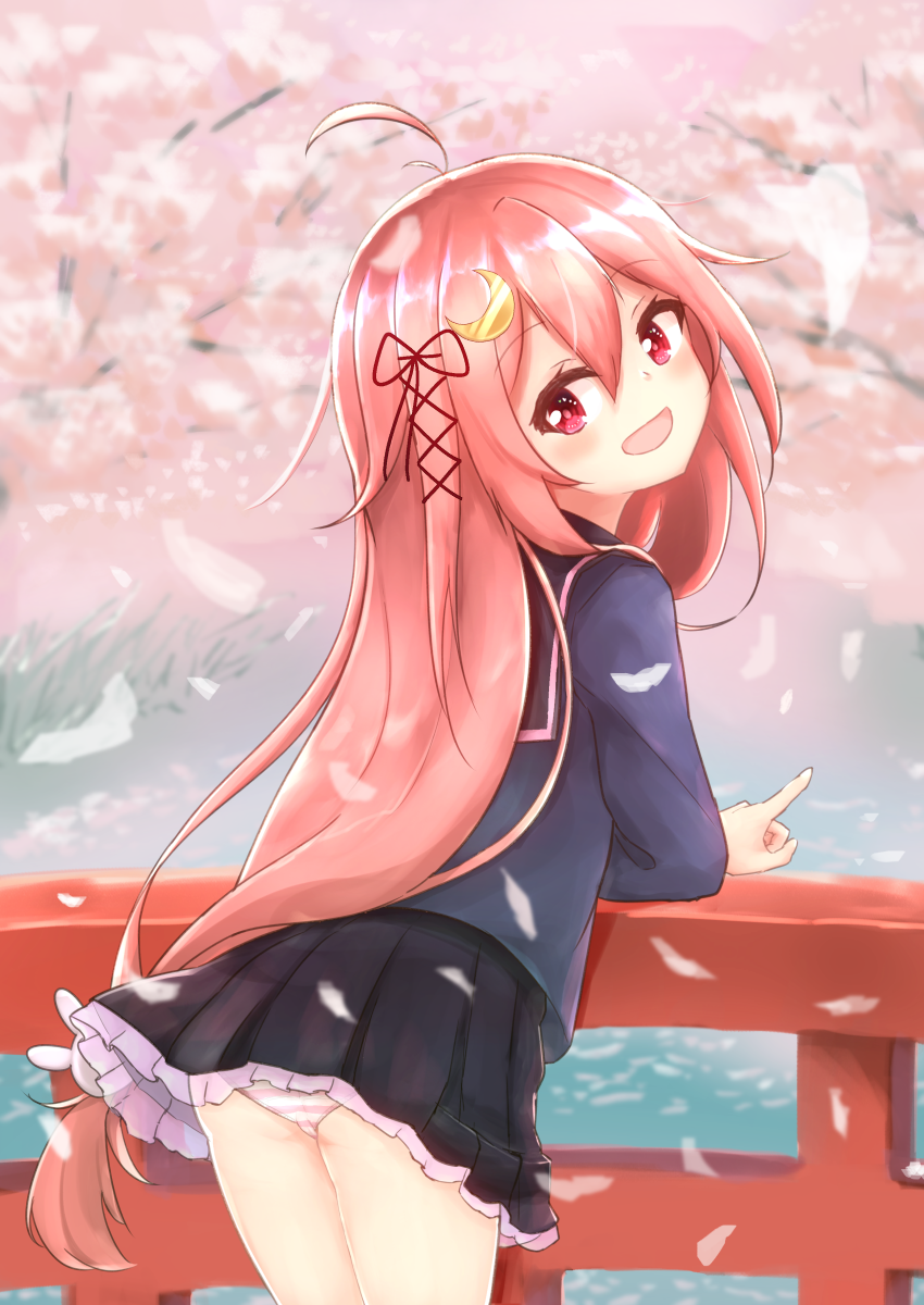 1girl ass black_serafuku blush bridge centi_mnkt cherry_blossoms crescent crescent_hair_ornament hair_ornament hair_ribbon highres kantai_collection long_hair looking_at_viewer low-tied_long_hair open_mouth panties pantyshot pink_hair pleated_skirt red_eyes ribbon school_uniform serafuku skirt solo striped striped_panties underwear uzuki_(kantai_collection)