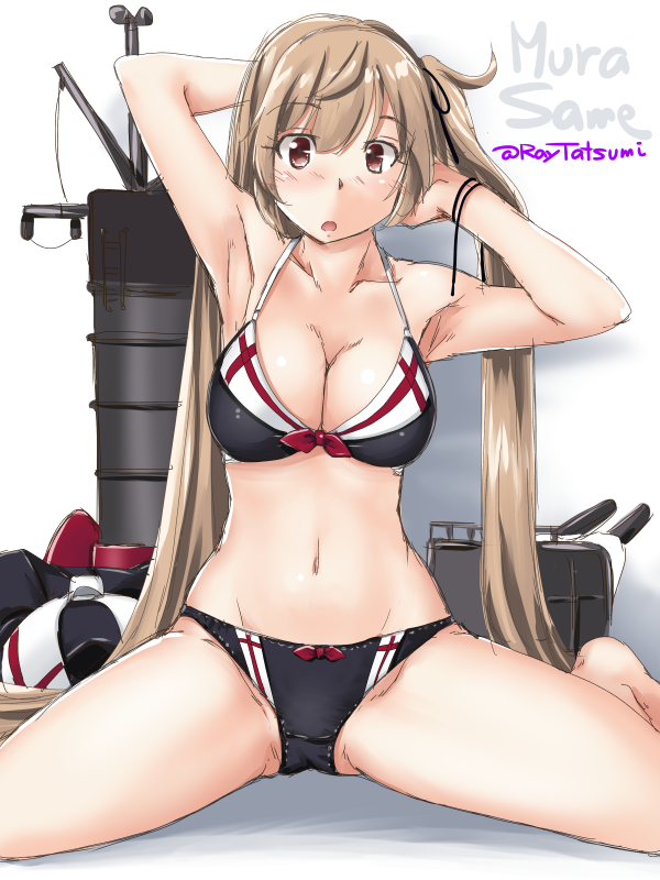 1girl adapted_costume black_bra black_panties black_serafuku bra breasts brown_eyes character_name cleavage clothes_removed collarbone commentary_request full_body groin kantai_collection light_brown_hair long_hair looking_at_viewer machinery murasame_(kantai_collection) navel panties school_uniform serafuku simple_background sitting smokestack solo tatsumi_ray twintails twitter_username underwear wariza white_background