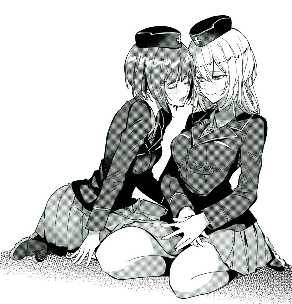 2girls ankle_boots bangs blush bonkara_(sokuseki_maou) boots closed_eyes commentary dress_shirt eyebrows_visible_through_hair facing_another garrison_cap girls_und_panzer greyscale half-closed_eyes hands_together hat imminent_kiss insignia itsumi_erika jacket kneeling kuromorimine_military_uniform leaning_forward long_sleeves looking_at_another military military_hat military_uniform miniskirt monochrome multiple_girls nishizumi_miho pleated_skirt shirt short_hair sitting skirt socks uniform yuri