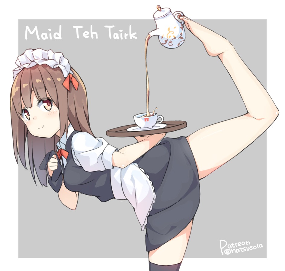 1girl brown_hair chinese_commentary commentary_request cup decantering english_text engrish_text foot_hold hatsunatsu maid maid_headdress medium_hair original partial_commentary patreon_username pouring ranguage simple_background single_thighhigh solo tea teacup thigh-highs thighhighs_removed tray yellow_eyes