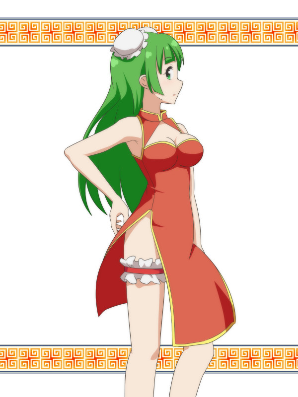 1girl alternate_costume alternate_hairstyle bangs bare_arms bare_legs bare_shoulders breasts bun_cover cato_(monocatienus) china_dress chinese_clothes cleavage commentary_request double_bun dress eyebrows_visible_through_hair feet_out_of_frame green_eyes green_hair kagiyama_hina leg_garter long_hair looking_at_viewer medium_breasts parted_lips pelvic_curtain profile red_dress side_slit simple_background sleeveless sleeveless_dress solo standing thighs touhou white_background