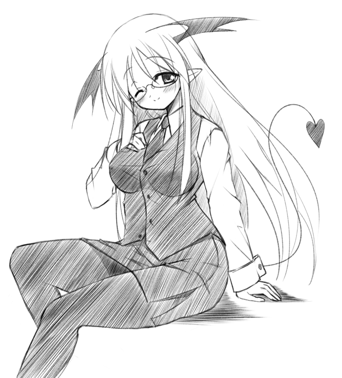 1girl ;) bat_wings bespectacled blush breasts buttons demon_tail dress_shirt eyebrows_visible_through_hair glasses greyscale hand_on_own_chest head_tilt head_wings koakuma long_hair long_sleeves looking_at_viewer medium_breasts mizuno_kurage monochrome necktie one_eye_closed pantyhose pointy_ears shirt side_slit simple_background sitting sketch skirt skirt_set smile solo tail touhou very_long_hair vest white_background wings