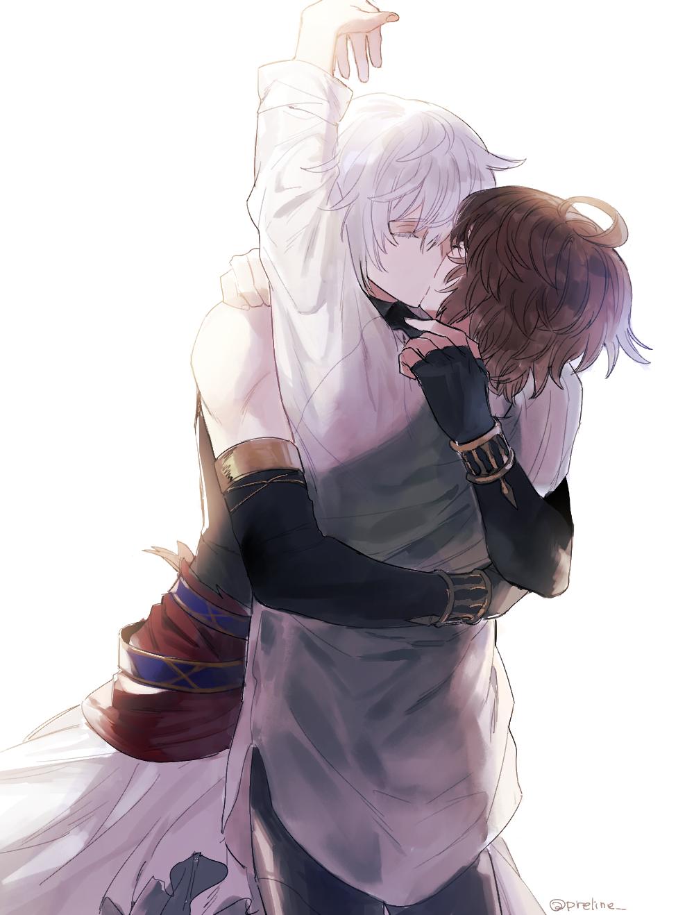 2boys arms_around_back brown_hair closed_eyes fingerless_gloves gloves granblue_fantasy highres kiss lucifer_(shingeki_no_bahamut) male_focus multiple_boys preline sandalphon_(granblue_fantasy) short_hair white_hair yaoi