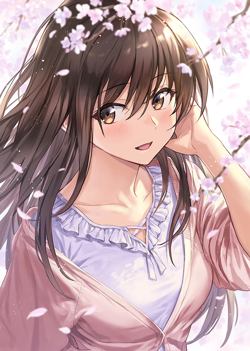 1girl :d bangs blush breasts brown_eyes brown_hair cherry_blossoms collarbone commentary_request eyebrows_visible_through_hair frilled_shirt frills from_above guchico hair_between_eyes hair_tucking jacket long_hair looking_at_viewer looking_up medium_breasts open_mouth original outdoors petals pink_jacket shirt sketch sleeves_pushed_up smile solo spring_(season) upper_body white_shirt