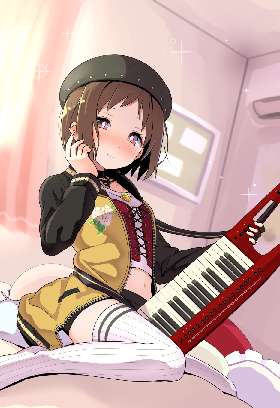 1girl bang_dream! bangs beret between_legs black_choker black_gloves black_headwear blush brown_eyes brown_hair choker commentary_request crop_top cross-laced_clothes curtains day fingerless_gloves floral_print gloves hat hazawa_tsugumi highres indoors instrument jacket jewelry keytar long_sleeves looking_at_viewer navel on_bed pendant raglan_sleeves shipii_(jigglypuff) short_hair single_fingerless_glove sitting sitting_on_bed smile solo sparkle striped striped_legwear thigh-highs vertical-striped_legwear vertical_stripes white_legwear yellow_jacket