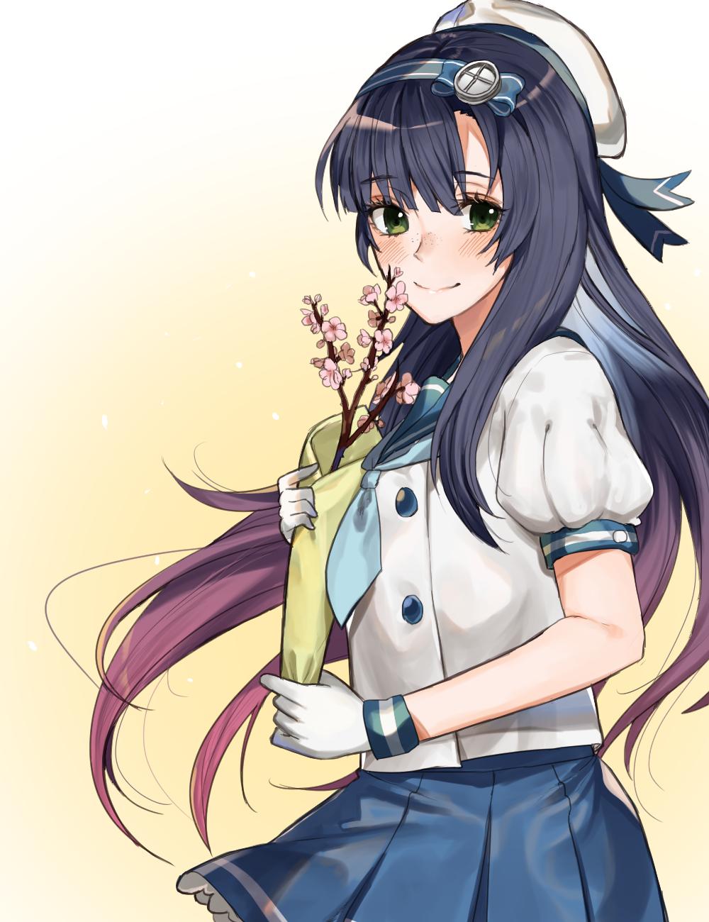 1girl amakaze black_hair blue_neckwear blue_ribbon blue_skirt branch cherry_blossoms commentary_request cowboy_shot gloves gradient_hair green_eyes highres kantai_collection long_hair looking_at_viewer matsuwa_(kantai_collection) multicolored_hair neckerchief pleated_skirt puffy_short_sleeves puffy_sleeves purple_hair ribbon school_uniform serafuku short_ponytail short_sleeves skirt solo tareme white_gloves yellow_background