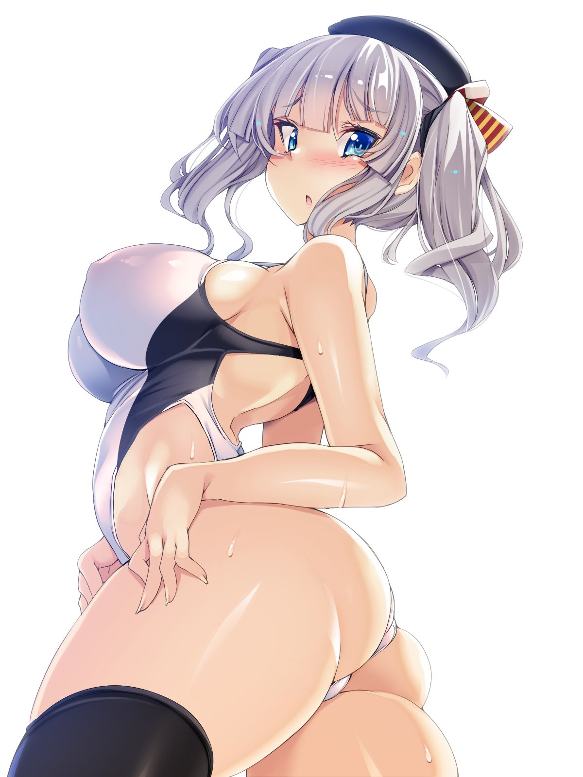 beret black_legwear blue_eyes breasts competition_swimsuit hat highleg highleg_swimsuit highres kantai_collection kashima_(kantai_collection) large_breasts one-piece_swimsuit sidelocks silver_hair swimsuit thigh-highs torisan tsurime twintails wavy_hair