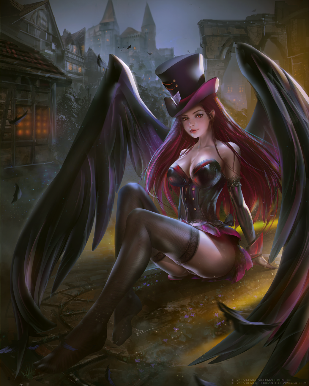 1girl bare_shoulders black_wings breasts bustier castle cleavage elbow_gloves feathered_wings gloves hat highres large_breasts long_hair looking_at_viewer original red_eyes redhead sitting smile solo thigh-highs top_hat wings