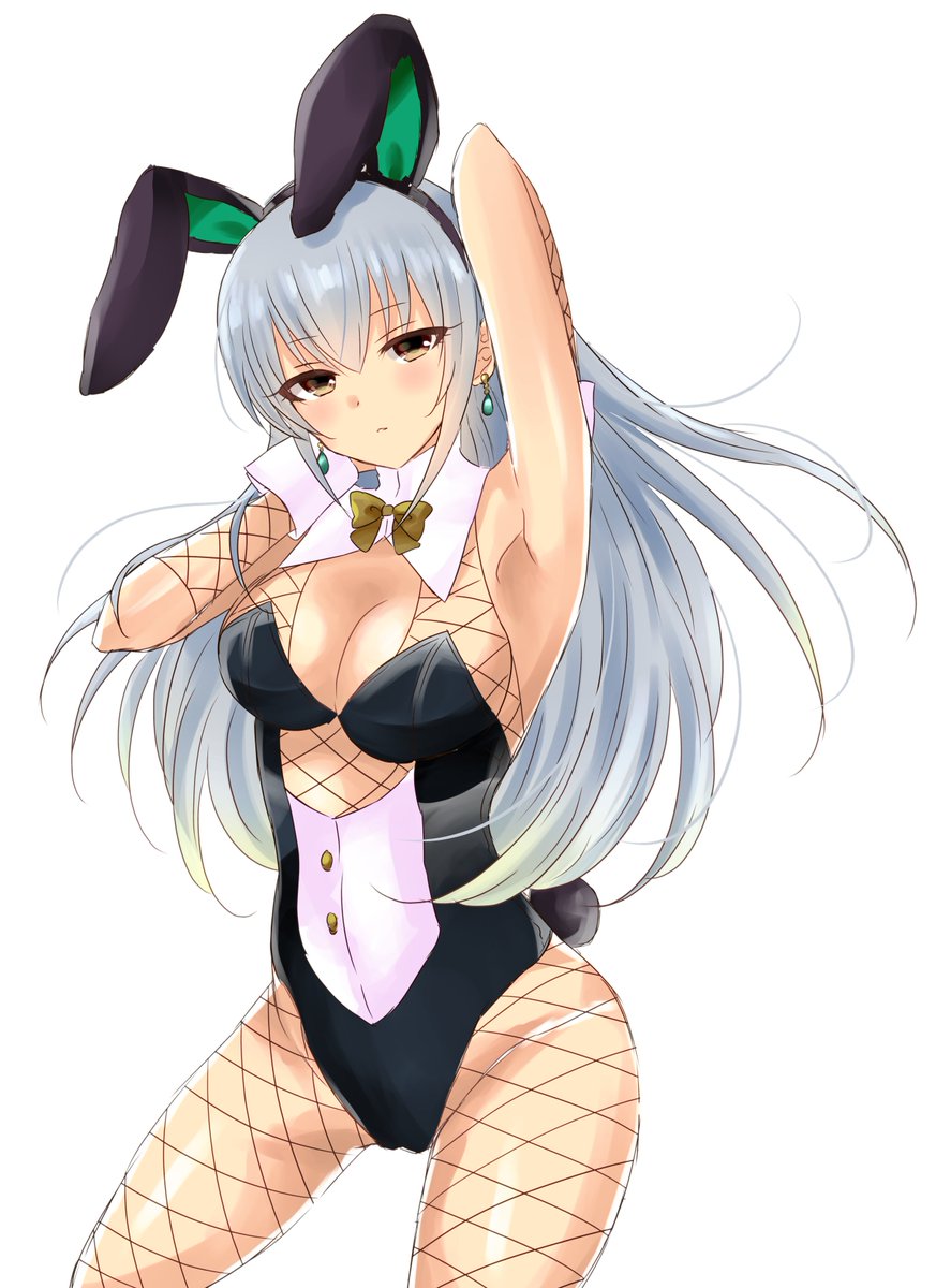 1girl animal_ears armpits arms_behind_head black_hairband black_leotard blush bow bowtie breasts brown_bow brown_eyes brown_neckwear bunny_tail bunnysuit choker cleavage contrapposto cowboy_shot earrings fake_animal_ears fishnets floating_hair hair_between_eyes hairband highres idolmaster idolmaster_cinderella_girls jewelry jjmrnano leotard long_hair looking_at_viewer medium_breasts rabbit_ears shiny shiny_hair silver_hair simple_background solo standing strapless strapless_leotard tail takamine_noa very_long_hair white_background