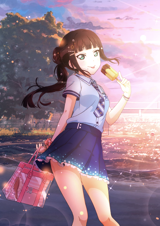 1girl arm_behind_back bag bangs beach black_hair blue_shirt blue_skirt blunt_bangs collared_shirt day dress_shirt floating_hair frilled_skirt frills green_eyes hair_ornament hair_scrunchie holding holding_bag kurosawa_dia lens_flare long_hair love_live! love_live!_sunshine!! miniskirt necktie outdoors pink_scrunchie pleated_skirt ponytail scrunchie shirt short_sleeves sidelocks skirt solo sparkle standing star star_hair_ornament striped striped_neckwear