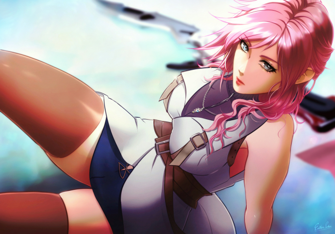 1girl blue_skirt breasts brown_legwear esther final_fantasy final_fantasy_xiii green_eyes hair_over_shoulder jewelry large_breasts lightning_farron long_hair looking_at_viewer miniskirt necklace pencil_skirt pink_hair shiny shiny_hair signature sitting skirt sleeves solo thigh-highs zettai_ryouiki