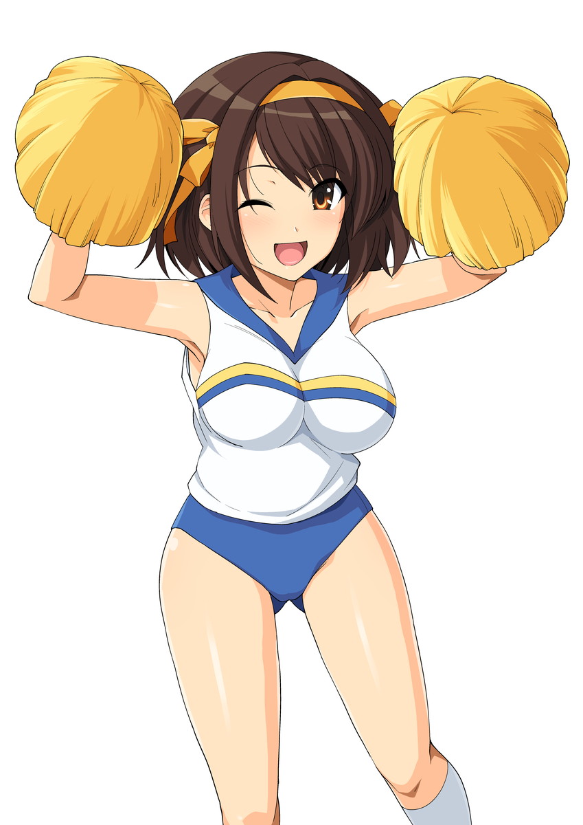 1girl :d ;d armpits arms_up bare_shoulders blue_buruma blush breasts brown_eyes brown_hair buruma cheerleader collarbone feet_out_of_frame gluteal_fold hair_ribbon hairband haruhisky highres holding impossible_clothes impossible_shirt kneehighs large_breasts one_eye_closed open_mouth orange_hairband orange_ribbon pom_poms ribbon shirt short_hair sleeveless sleeveless_shirt smile solo standing suzumiya_haruhi suzumiya_haruhi_no_yuuutsu white_legwear white_shirt